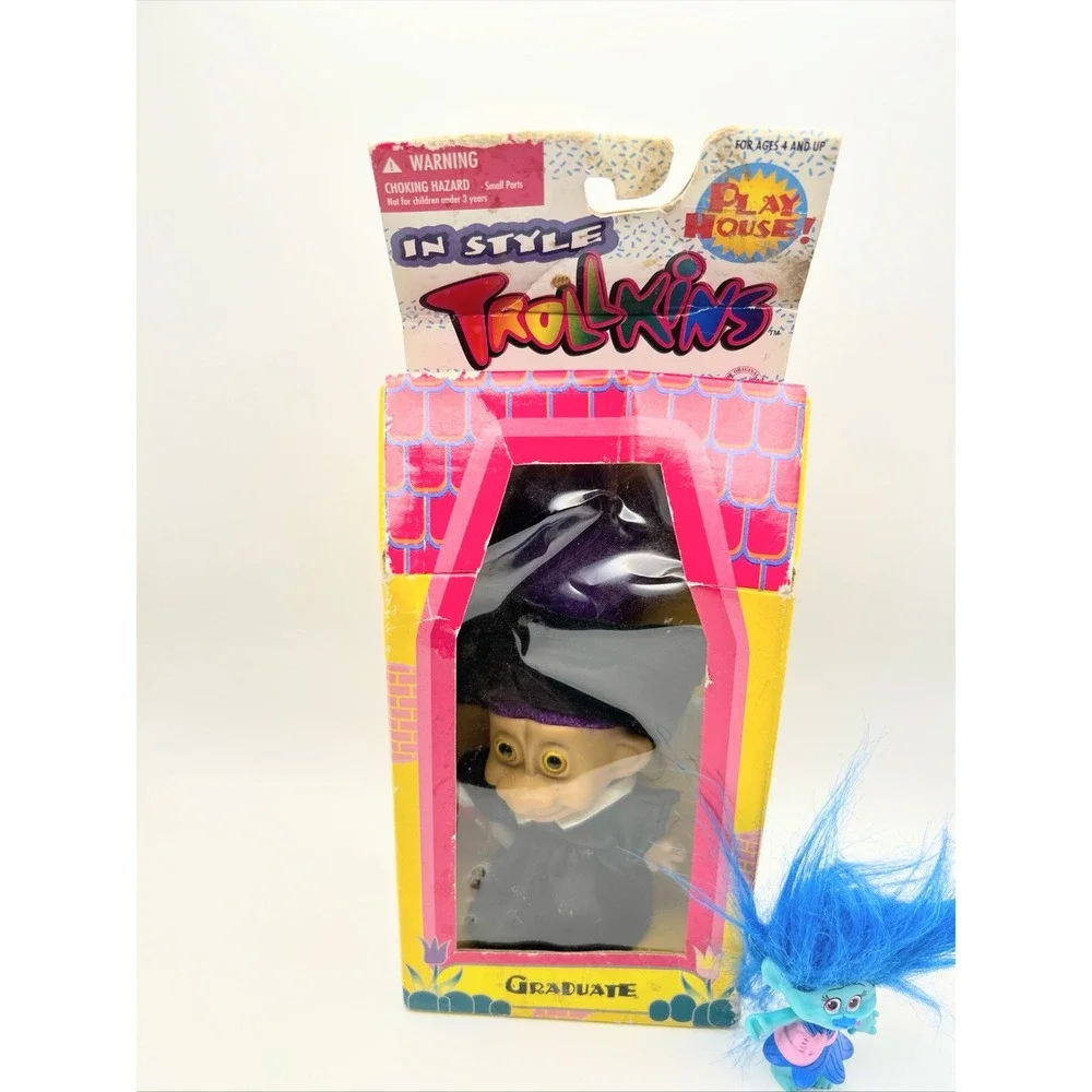 Vintage Trollkins Graduate Play House Toymakers‎ #1750 & Blue Troll Doll READ: